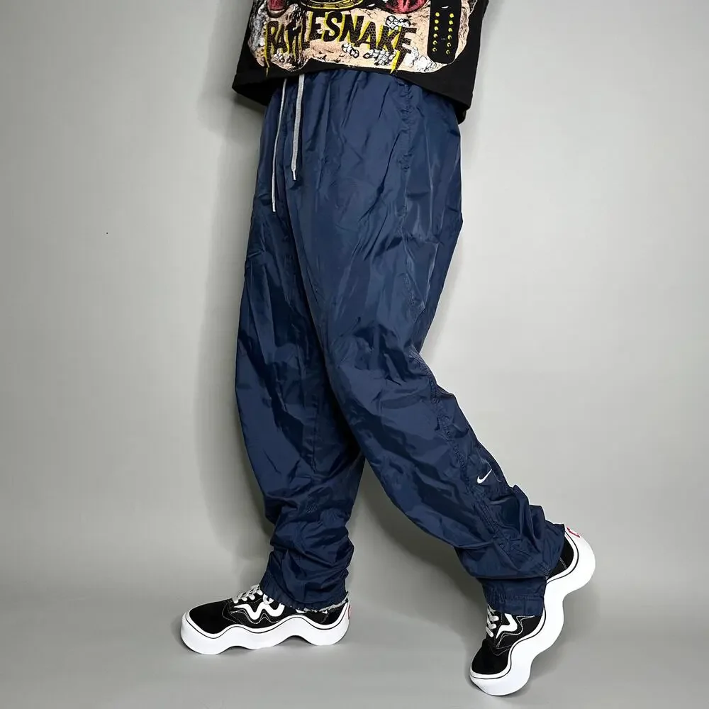 Vintage Y2K Nike Track Pants Mens XL Navy Blue Nylon Sweatpants White Swoosh